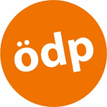 Logo der ÖDP: weißes ödp auf oranger Scheibe